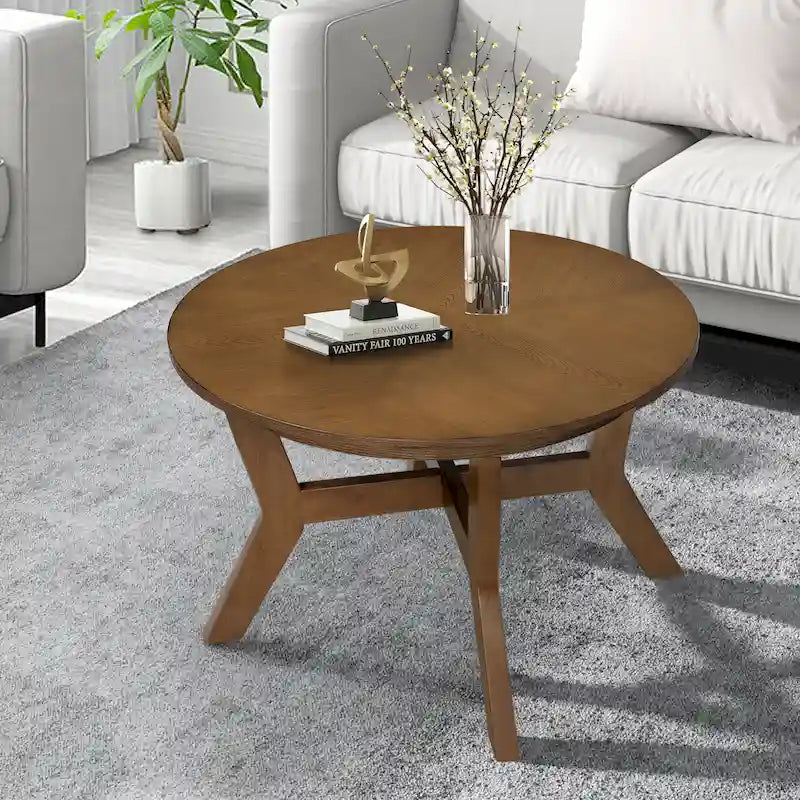32inch Wood Round Coffee Table for Living Room,Mid Century Farmhouse Circle Wooden Coffee Tables for Apartment, Easy Assembly