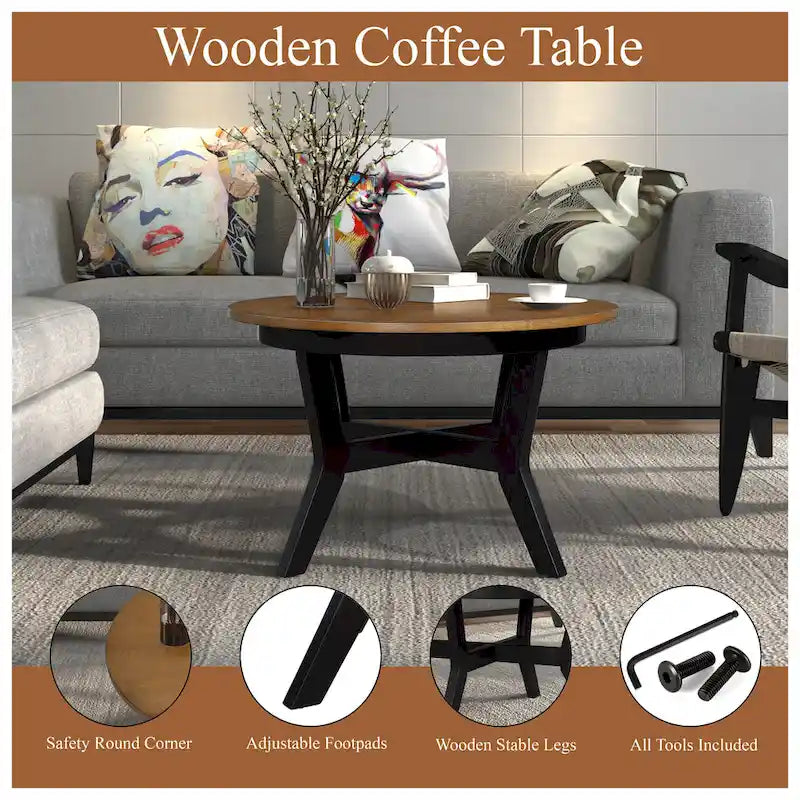 32inch Wood Round Coffee Table for Living Room,Mid Century Farmhouse Circle Wooden Coffee Tables for Apartment, Easy Assembly