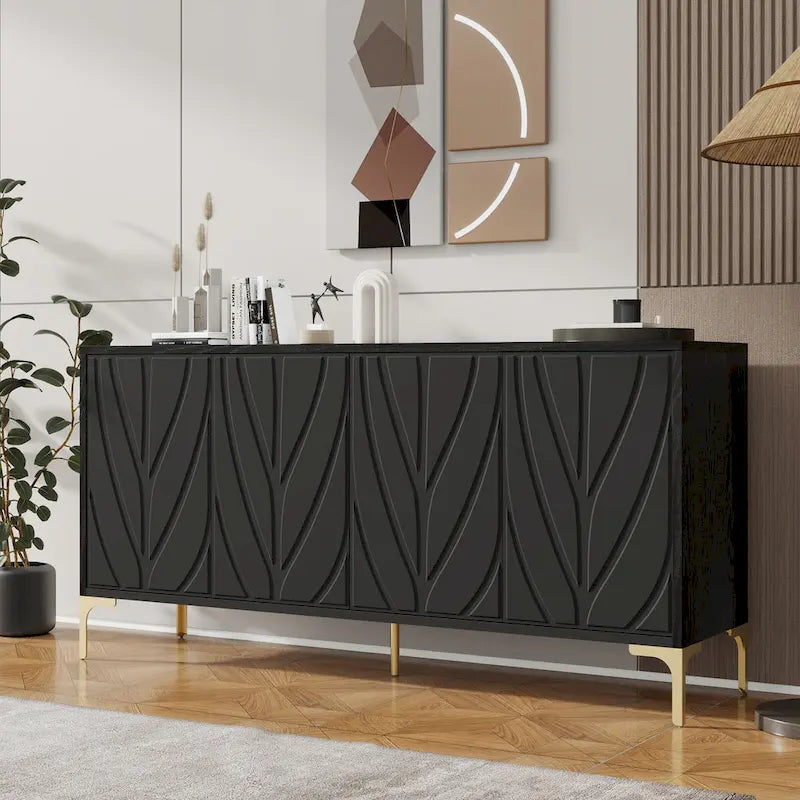 Creative carved 4-door Sideboard Handleless Press-to-Open Design Buffet Cabinet for Dining Room,Living Room, Bedroom, Hallway