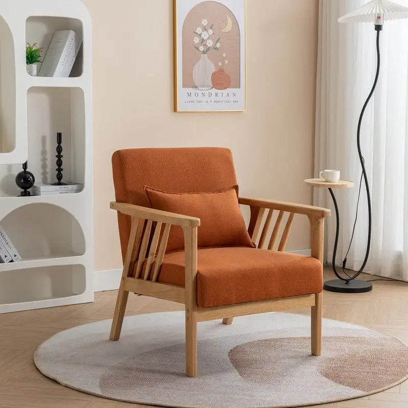Mid Century Boucle Uplostered Soild Wood Accent Armchair with Pillow