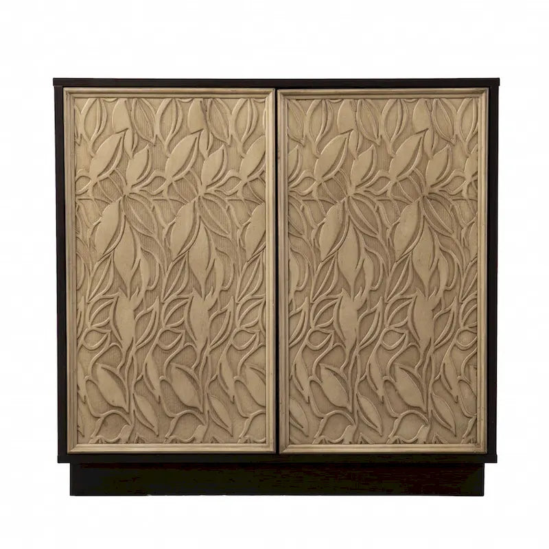 HomeRoots 32 Dark Brown And Natural Carved Floral Sideboard with Two Doors