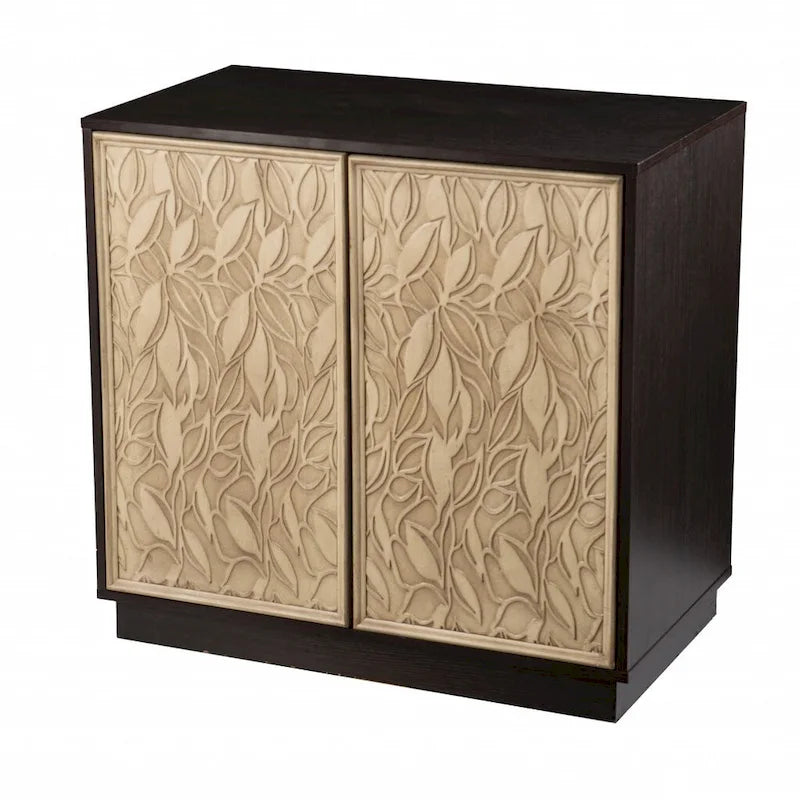 HomeRoots 32 Dark Brown And Natural Carved Floral Sideboard with Two Doors