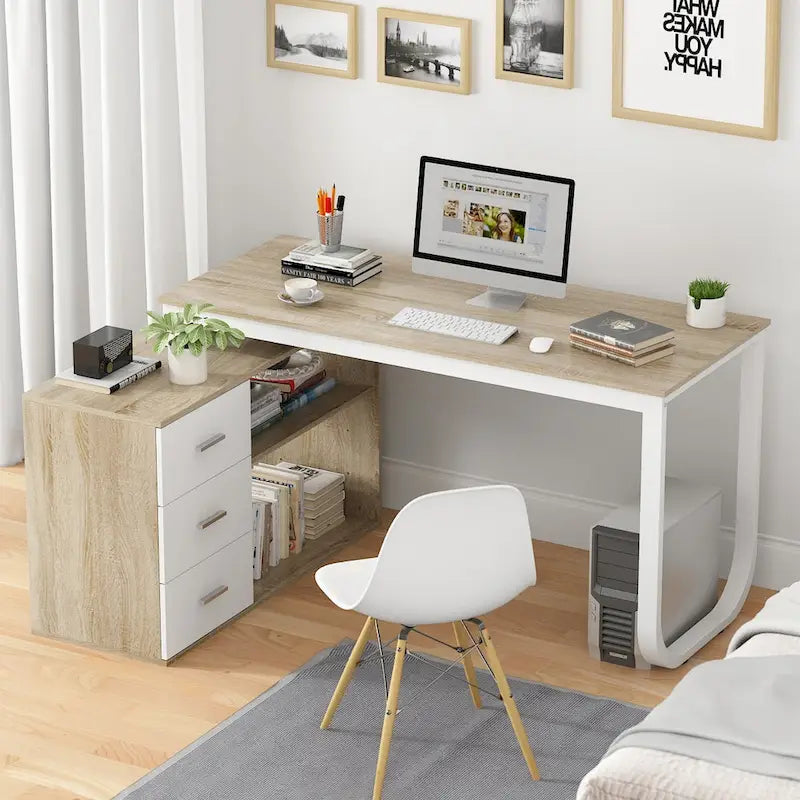 55-inch L Shaped Office Computer Desk w/ Drawers, Wood