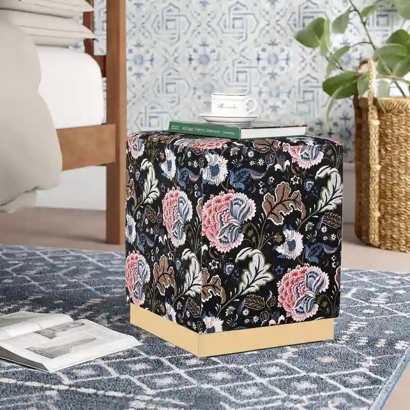 Square Velvet Ottoman Upholstered Stool Vanity Gold Plating Base