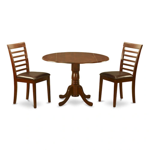 3 Piece Modern Table Set- A Round Table with Dropleaf and 2 Kitchen Dining Chairs, Mahogany (Seats Option)