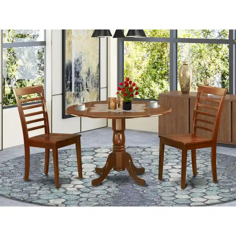 3 Piece Modern Table Set- A Round Table with Dropleaf and 2 Kitchen Dining Chairs, Mahogany (Seats Option)