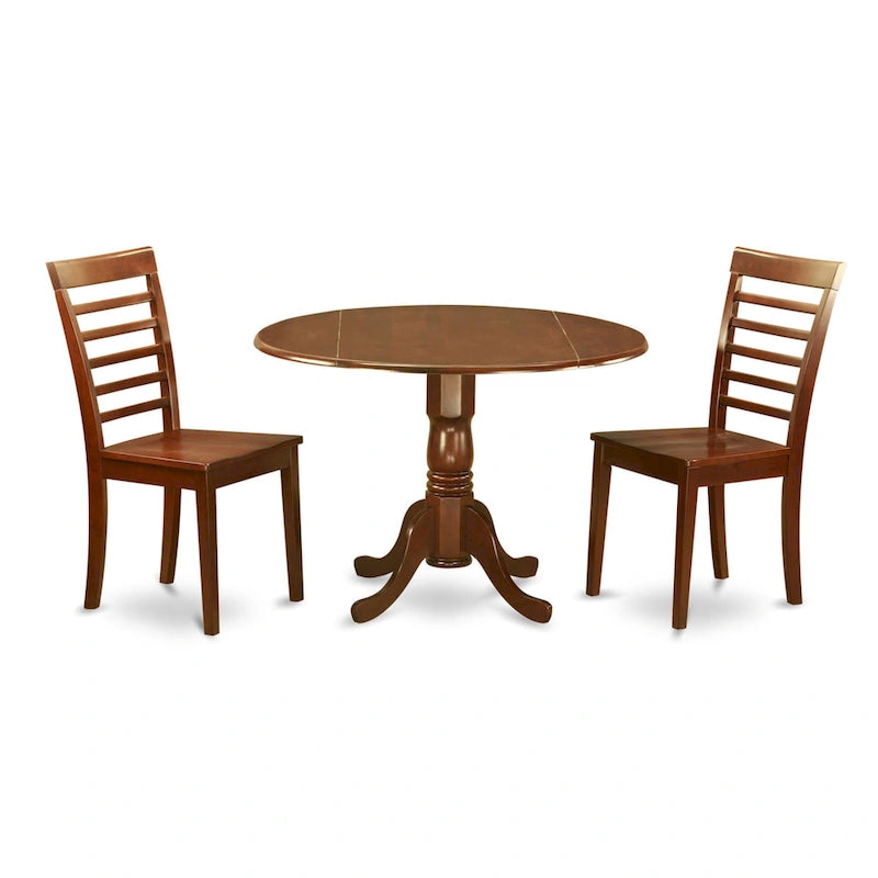 3 Piece Modern Table Set- A Round Table with Dropleaf and 2 Kitchen Dining Chairs, Mahogany (Seats Option)