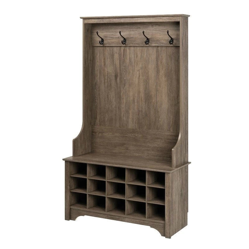 Grey Entryway Hall Tree Shoe Cubbie Coat Rack - 68 H x 38 W x 15.5 D