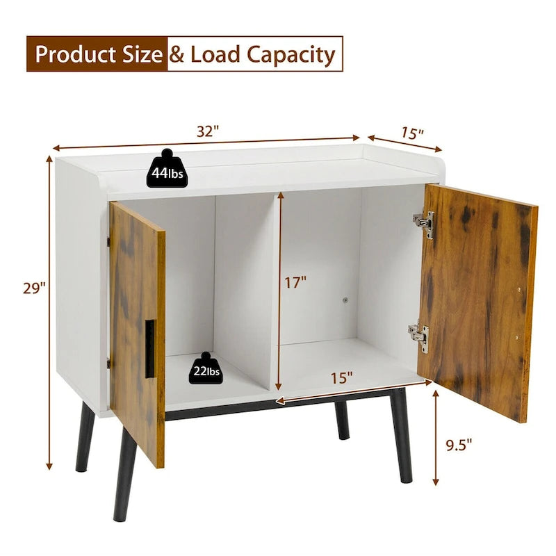 Sideboard Buffet Storage Cabinet w/2 Door Metal Legs Accent - 32 x 15 x 29 (L x W x H)