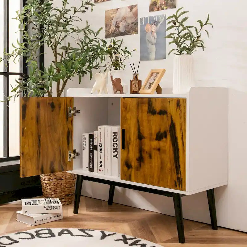 Sideboard Buffet Storage Cabinet w/2 Door Metal Legs Accent - 32 x 15 x 29 (L x W x H)