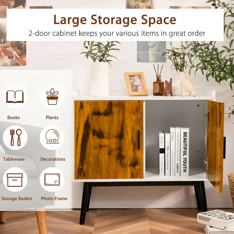Sideboard Buffet Storage Cabinet w/2 Door Metal Legs Accent - 32 x 15 x 29 (L x W x H)