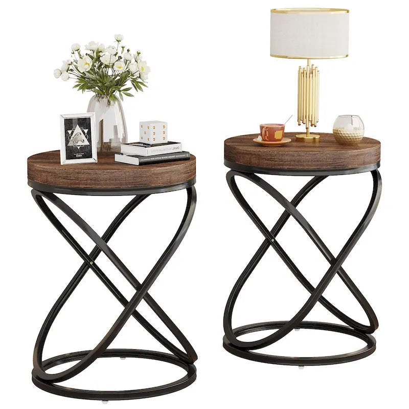Round End Side Table with Metal Frame for Living RoomSet of 2) - 2PCS
